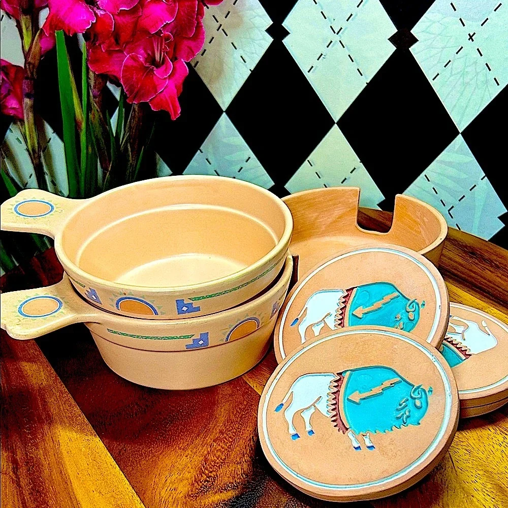Vintage Southwestern Soup Bowls Pair Turquoise and Peach Desert‎ Decor